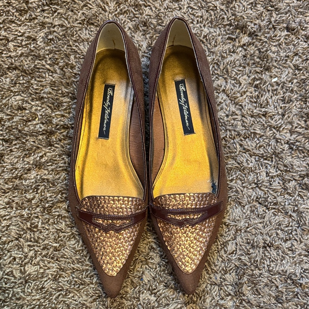 Beverly Feldman Brown Pointed Loafers with Gold Sequins